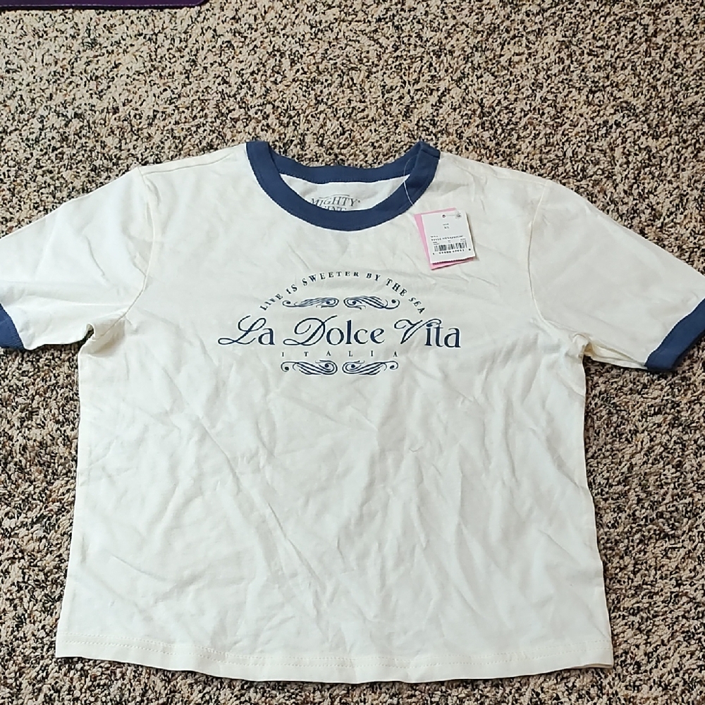 Mighty Fine | La Dolce Vita White Tee with Blue Trim
